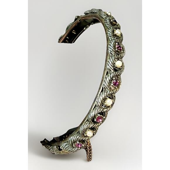 VTG Victorian Revival Hinged Bangle Amethyst Seed Pearls Safety Chain - Picture 9 of 16